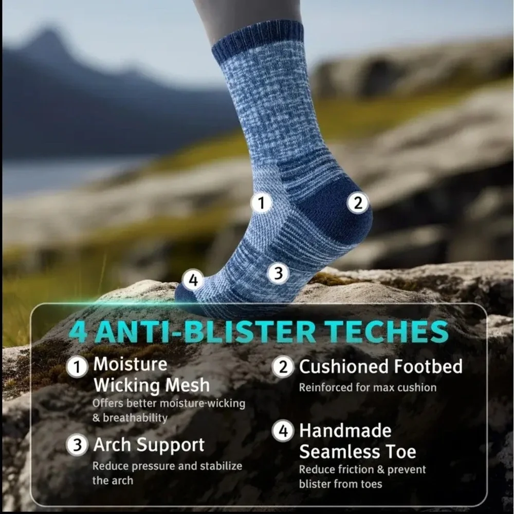 Unisex Merino 70% Wool Mid-Crew Anti-Blister Hiking Socks 5.5 -10 Multi Colors